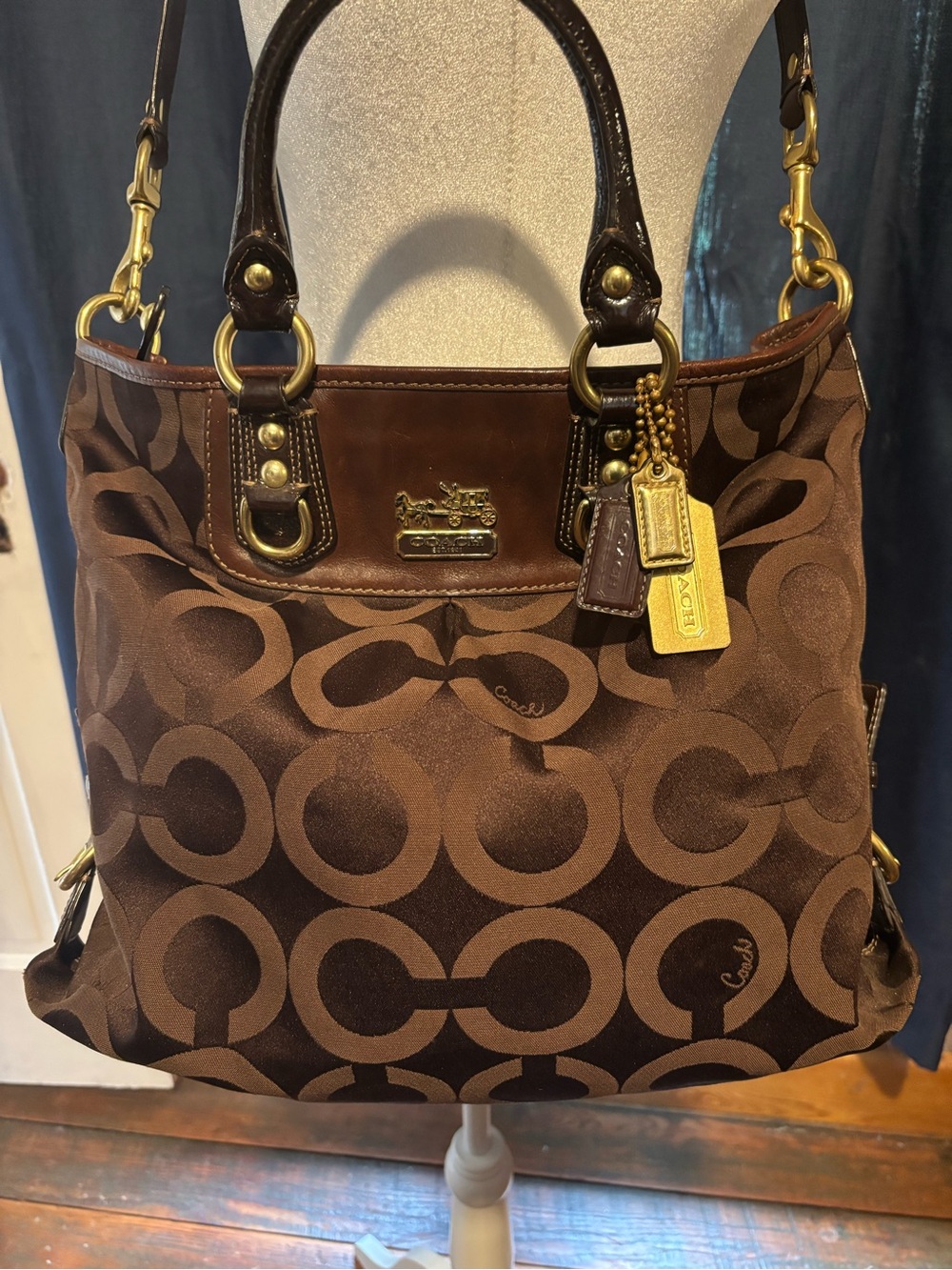 Coach Brown Signature Jacquard Shoulder Bag with Gold Hardware